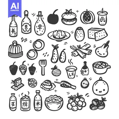 Hand-Drawn Black and White Doodle Illustration of Japanese Cuisine and
