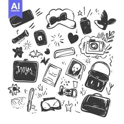 Aset premium populer: Hand-drawn black and white doodle illustration of various objects