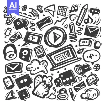 Aset premium populer: Hand-drawn black and white doodle illustration of various technology-r