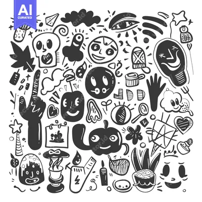 Aset premium populer: Hand-Drawn Black and White Doodle Illustrations of Whimsical Faces and