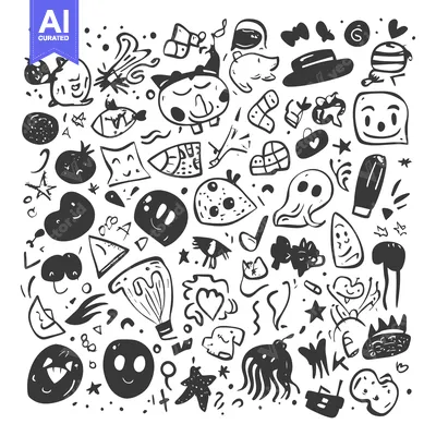 Aset premium populer: Hand-Drawn Black and White Doodle Illustration with Various Characters