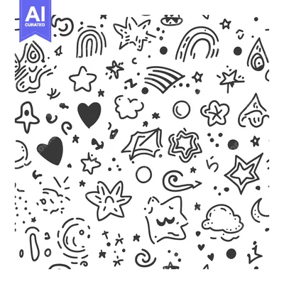 Hand-drawn Black and White Doodle Pattern with Stars, Hearts, and Clou