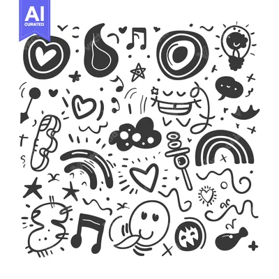 Hand-drawn Black and White Doodle Pattern with Various Shapes and Emoj