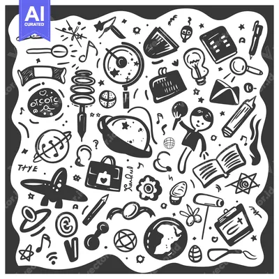 Aset premium populer: Hand-drawn black and white doodles depicting various objects and conce