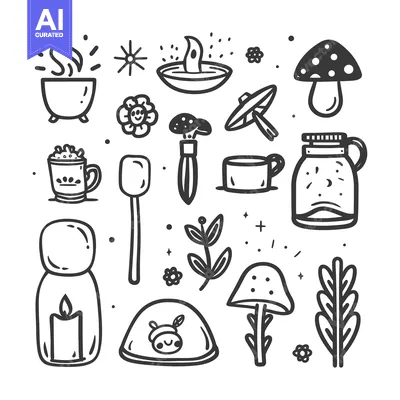 Hand-Drawn Black and White Doodle Set of Magical Forest Elements