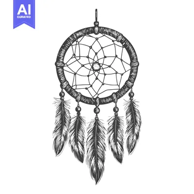 Aset desain premium: Hand-Drawn Black and White Dreamcatcher with Feathers
