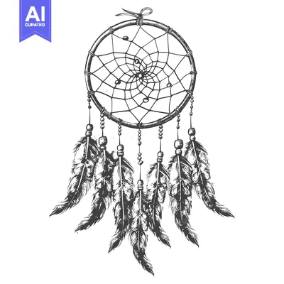 Hand-Drawn Black and White Dreamcatcher with Feathers
