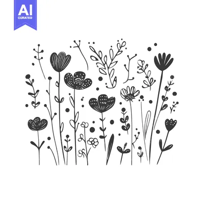 Aset desain premium: Hand-Drawn Black and White Floral Arrangement