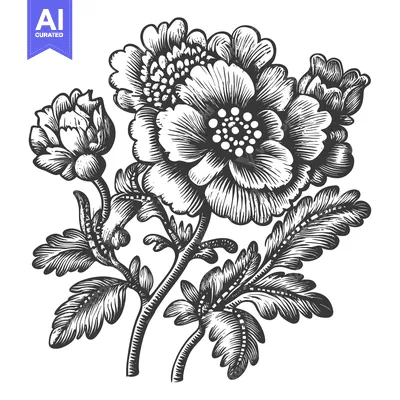 Aset desain premium: Hand-Drawn Black and White Floral Arrangement with Detailed Petals and