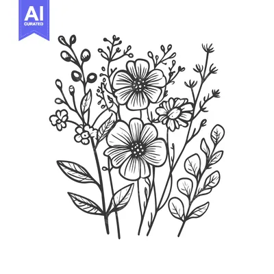 Aset premium populer: Hand-drawn black and white floral arrangement with flowers and leaves