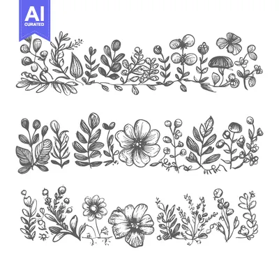 Premium design asset: Hand-Drawn Black and White Floral Border with Delicate Flowers and Lea