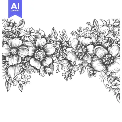 Aset desain premium: Hand-drawn black and white floral border with detailed flowers and lea