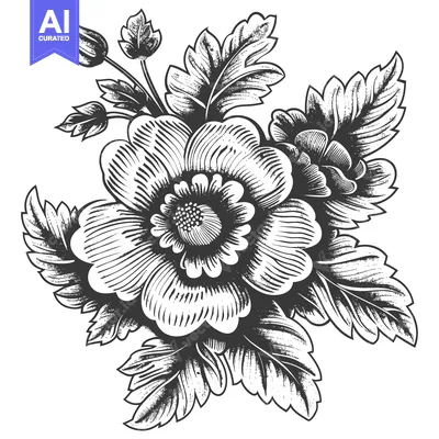 Aset premium populer: Hand-Drawn Black and White Floral Bouquet Illustration