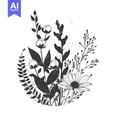 Aset premium populer: Hand-Drawn Black and White Floral Bouquet with a Single Large Flower