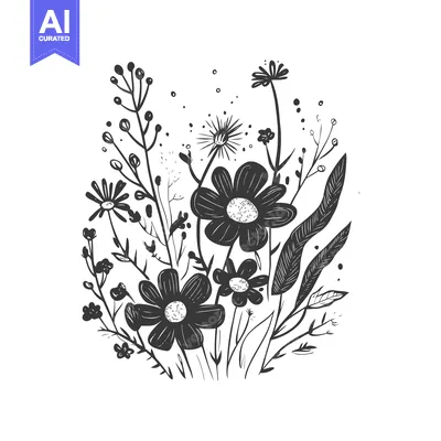 Aset premium populer: Hand-Drawn Black and White Floral Bouquet with Delicate Flowers and Le