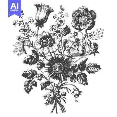 Aset premium populer: Hand-Drawn Black and White Floral Bouquet with Detailed Petals and Lea