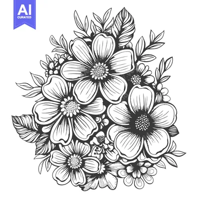 Aset premium populer: Hand-Drawn Black and White Floral Bouquet with Detailed Petals and Lea