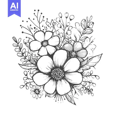 Popular premium asset: Hand-drawn Black and White Floral Bouquet with Detailed Petals and Lea