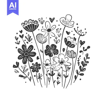 Aset premium populer: Hand-Drawn Black and White Floral Bouquet with Hearts