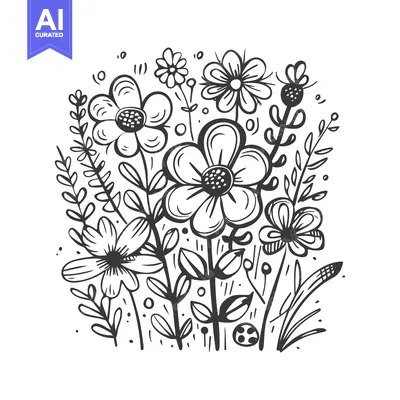 Aset desain premium: Hand-drawn black and white floral bouquet with leaves and stems