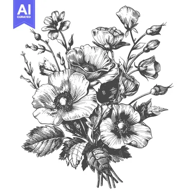 Aset premium populer: Hand-Drawn Black and White Floral Bouquet with Poppies and Buds