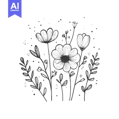 Aset premium populer: Hand-drawn black and white floral bouquet with scattered dots and hear