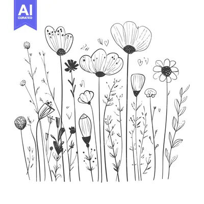Aset desain premium: Hand-Drawn Black and White Floral Illustration