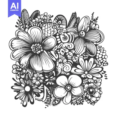 Aset desain premium: Hand-drawn black and white floral illustration with abstract elements