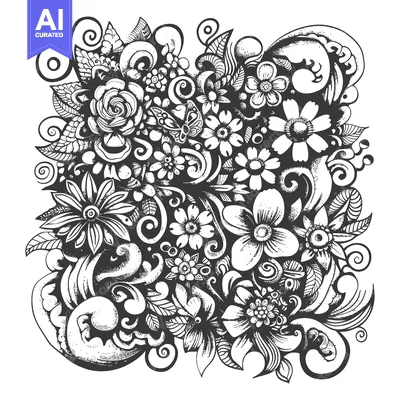 Aset premium populer: Hand-Drawn Black and White Floral Illustration with Butterfly