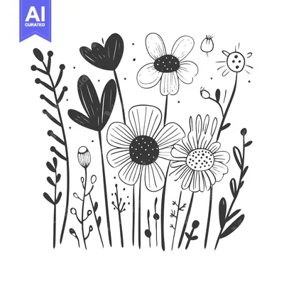 Aset premium populer: Hand-Drawn Black and White Floral Illustration with Various Flowers an