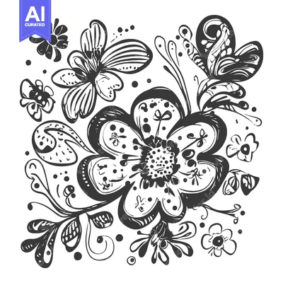 Aset premium populer: Hand-Drawn Black and White Floral Pattern with a Large Flower and Smal