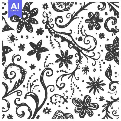 Premium design asset: Hand-Drawn Black and White Floral Pattern with Swirls