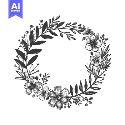 Aset desain premium: Hand-Drawn Black and White Floral Wreath with Blank Center