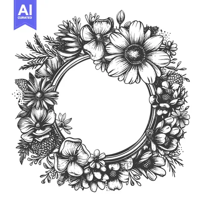 Premium design asset: Hand-drawn Black and White Floral Wreath with Circle Frame