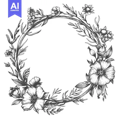 Popular premium asset: Hand-drawn black and white floral wreath with circular space