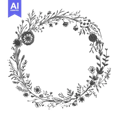 Popular premium asset: Hand-Drawn Black and White Floral Wreath with Delicate Blooms and Leav