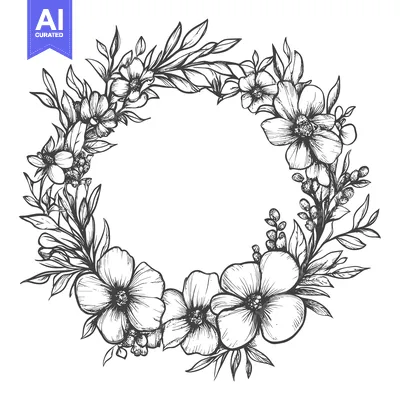 Aset desain premium: Hand-Drawn Black and White Floral Wreath with Empty Center