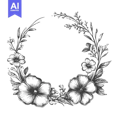 Aset desain premium: Hand-Drawn Black and White Floral Wreath with Flowers and Leaves