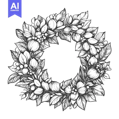 Premium design asset: Hand-Drawn Black and White Floral Wreath with Flowers and Leaves