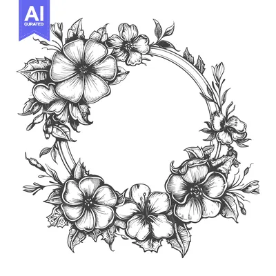 Aset desain premium: Hand-Drawn Black and White Floral Wreath with Oval Center