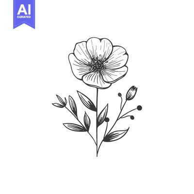 Aset desain premium: Hand-Drawn Black and White Flower with Stem and Leaves