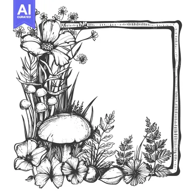 Aset desain premium: Hand-Drawn Black and White Frame of Flowers, Mushrooms, and Grass