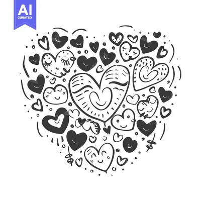 Aset premium populer: Hand-Drawn Black and White Heart Shape Composed of Multiple Hearts wit