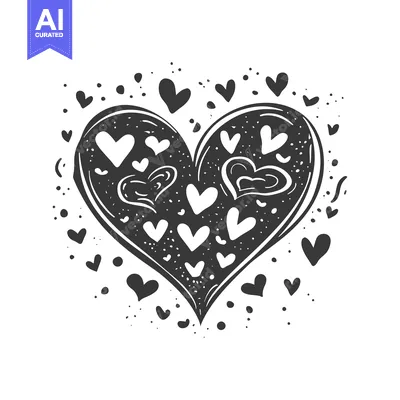 Aset desain premium: Hand-Drawn Black and White Heart with Smaller Hearts Inside