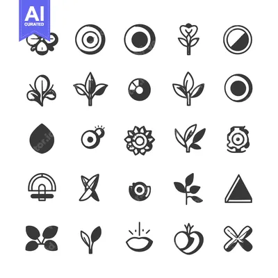 Aset desain premium: Hand-Drawn Black and White Icons of Leaves, Flowers, Circles, and Othe