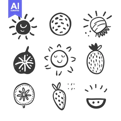 Aset premium populer: Hand-Drawn Black and White Icons of Summer Fruits and Suns
