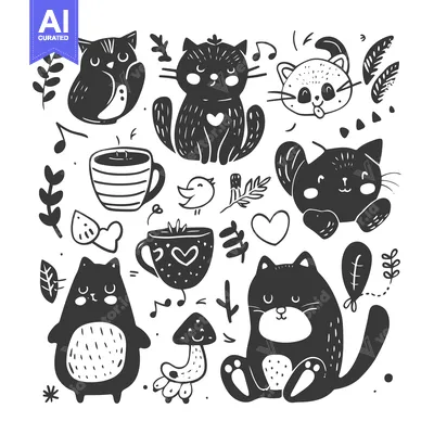 Aset premium populer: Hand-drawn black and white illustration featuring cats, an owl, and ot