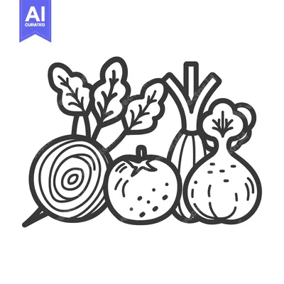 Aset premium populer: Hand-drawn black and white illustration of a beet, tomato, and onion