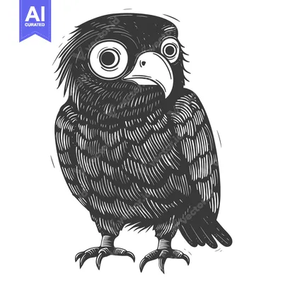 Aset desain premium: Hand-Drawn Black and White Illustration of a Bird with Large Eyes and