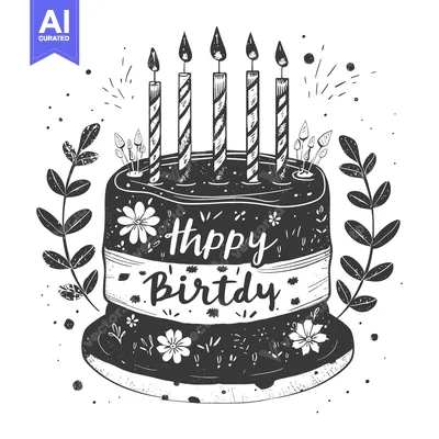 Aset desain premium: Hand-drawn Black and White Illustration of a Birthday Cake with Candle